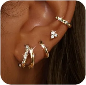 Small Gold Hoop Earrings for Women - Hypoallergenic 14K Gold Plated Surgical Steel Chunky Huggie Earings Stacks Set Dainty Cute Silver Cartilage Flat Back Stud Jewelry Trendy 4 Pairs