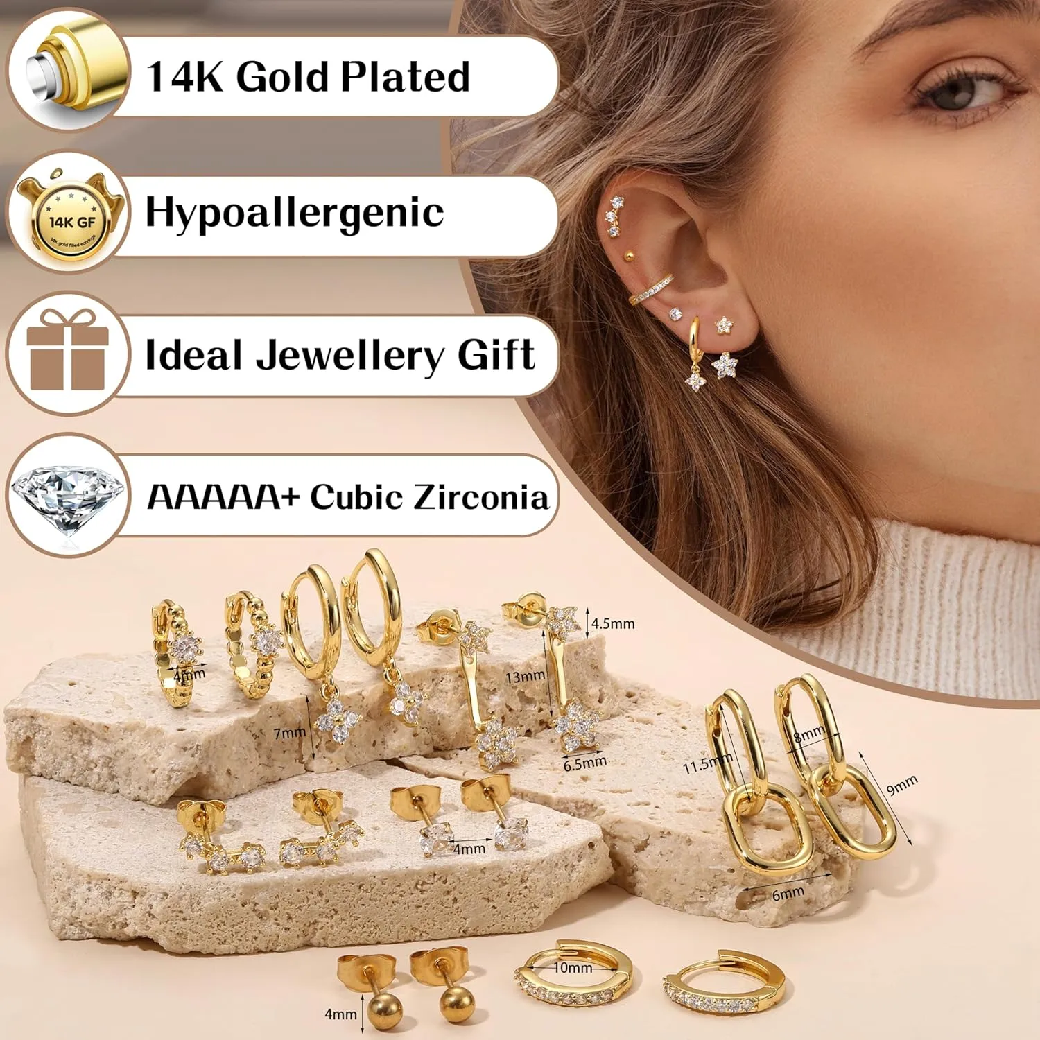 Small Gold Hoop Earrings Set for Women - 14K Gold Plated Hypoallergenic Huggie Hoop Studs Earring Stacks for Sensitive Ears - Cartilage Earring Sets for Multiple Piercing 8 Pairs