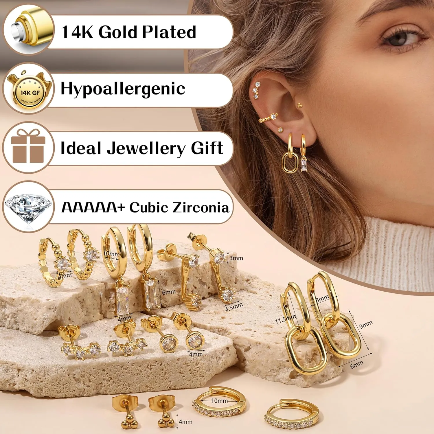 Small Gold Hoop Earrings Set for Women - 14K Gold Plated Hypoallergenic Huggie Hoop Studs Earring Stacks for Sensitive Ears - Cartilage Earring Sets for Multiple Piercing 8 Pairs