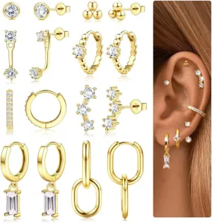 Small Gold Hoop Earrings Set for Women - 14K Gold Plated Hypoallergenic Huggie Hoop Studs Earring Stacks for Sensitive Ears - Cartilage Earring Sets for Multiple Piercing 8 Pairs