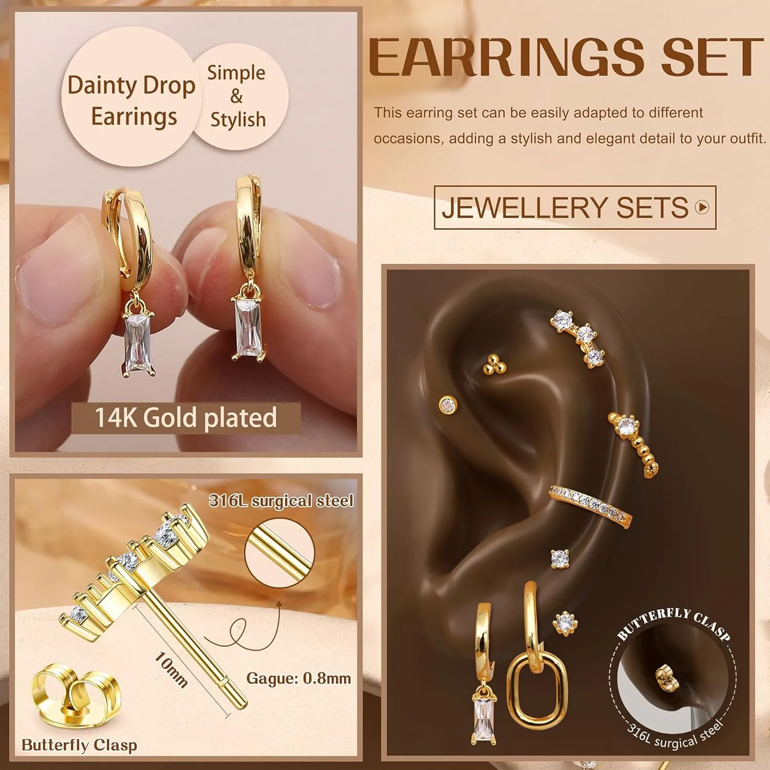Small Gold Hoop Earrings Set for Women - 14K Gold Plated Hypoallergenic Huggie Hoop Studs Earring Stacks for Sensitive Ears - Cartilage Earring Sets for Multiple Piercing 8 Pairs