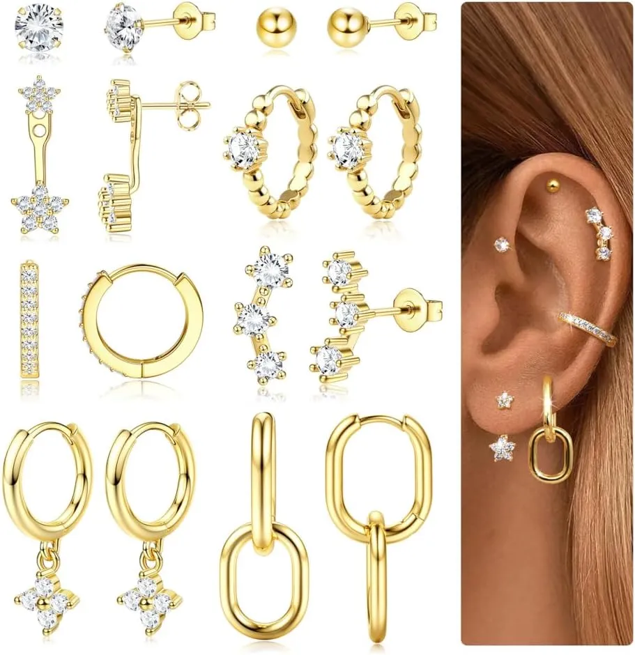 Small Gold Hoop Earrings Set for Women - 14K Gold Plated Hypoallergenic Huggie Hoop Studs Earring Stacks for Sensitive Ears - Cartilage Earring Sets for Multiple Piercing 8 Pairs
