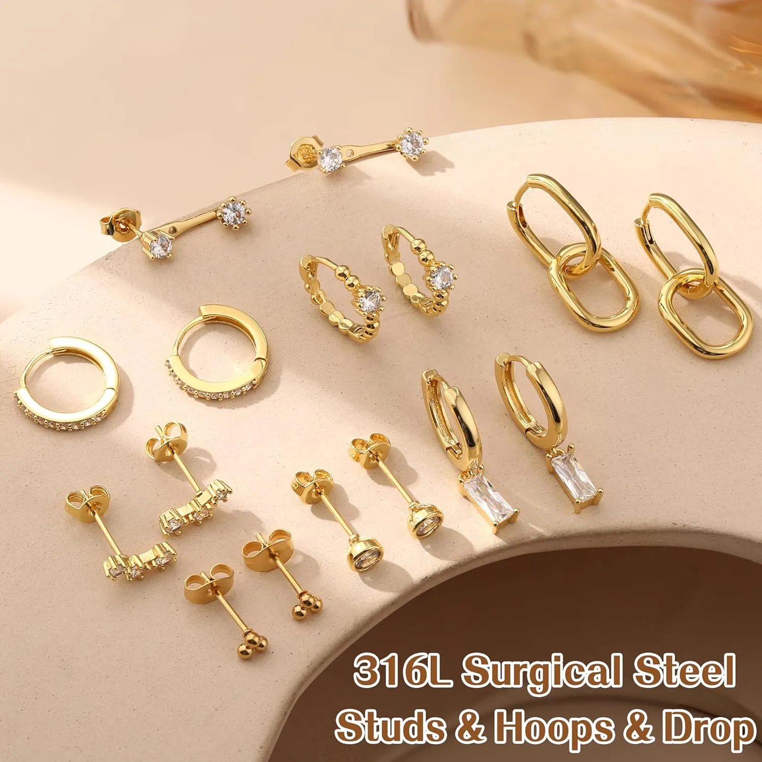 Small Gold Hoop Earrings Set for Women - 14K Gold Plated Hypoallergenic Huggie Hoop Studs Earring Stacks for Sensitive Ears - Cartilage Earring Sets for Multiple Piercing 8 Pairs