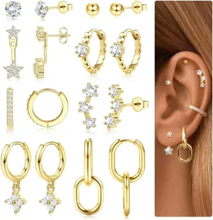 Small Gold Hoop Earrings Set for Women - 14K Gold Plated Hypoallergenic Huggie Hoop Studs Earring Stacks for Sensitive Ears - Cartilage Earring Sets for Multiple Piercing 8 Pairs