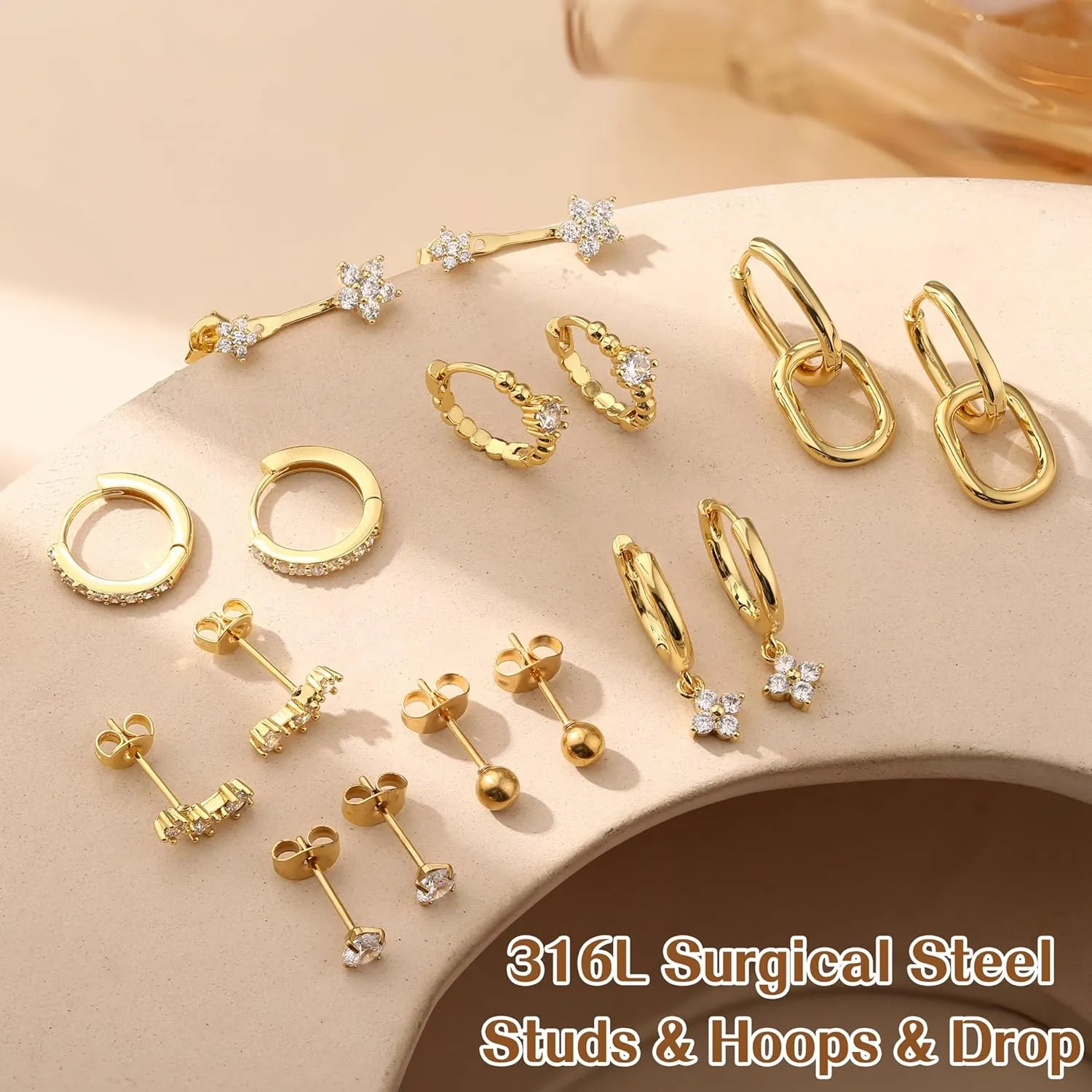Small Gold Hoop Earrings Set for Women - 14K Gold Plated Hypoallergenic Huggie Hoop Studs Earring Stacks for Sensitive Ears - Cartilage Earring Sets for Multiple Piercing 8 Pairs