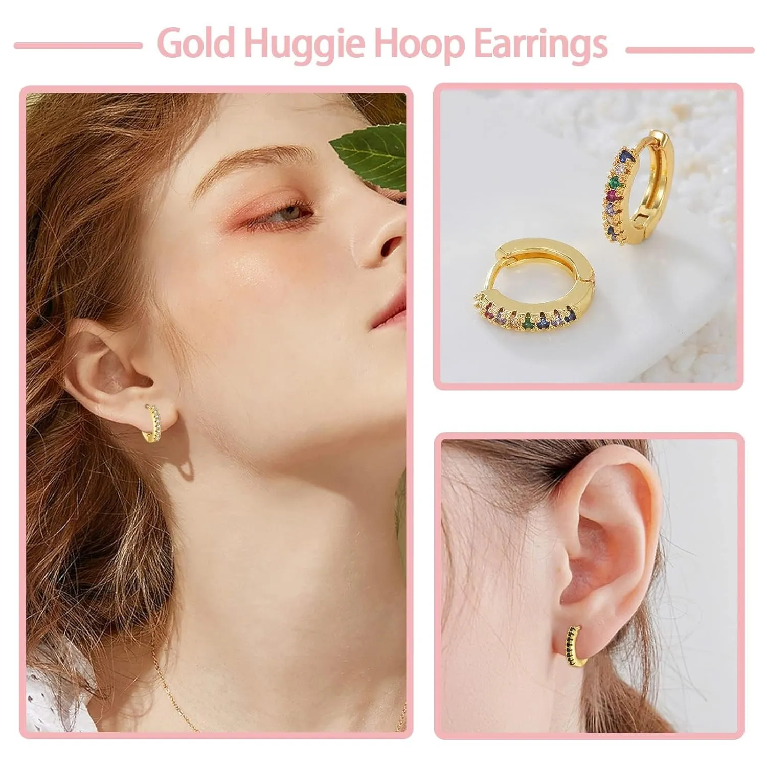 Small Gold Hoops Huggie Earrings for Women Gold Plated Dainty Cubic Zirconia,CZ Mini Huggie Bead Cartilage Earring Hypoallergenic Hoop Earrings for Girls Women (Gold - Red Diamond)