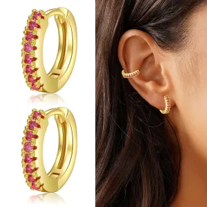 Small Gold Hoops Huggie Earrings for Women Gold Plated Dainty Cubic Zirconia,CZ Mini Huggie Bead Cartilage Earring Hypoallergenic Hoop Earrings for Girls Women (Gold - Red Diamond)