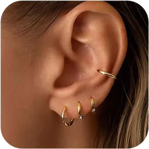 Small Gold Huggie Hoop Earrings Set for Women Men Hypoallergenic 14K Gold Plated Stack Cartilage Earrings, Multiple Piercing Lightweight Mini Thin Cute Dainty Trendy Clip On Jewelry Set Gifts for Women