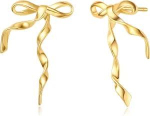 Small Gold Silver Pearl Bow Earrings for Women Trendy 925 Sterling Silver Post Dainty 14k Gold Plated Bow Dangle Earrings for Women
