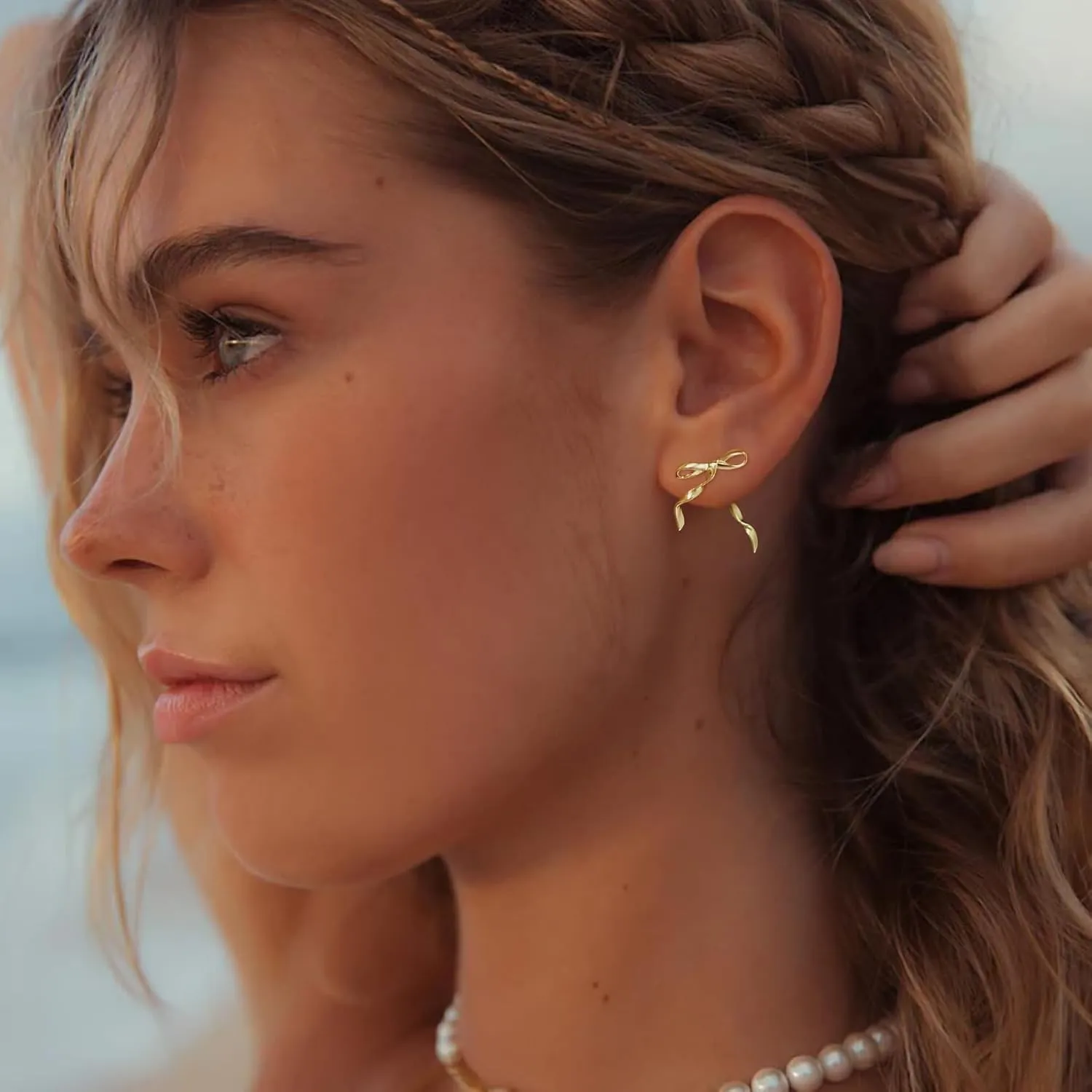 Small Gold Silver Pearl Bow Earrings for Women Trendy 925 Sterling Silver Post Dainty 14k Gold Plated Bow Dangle Earrings for Women