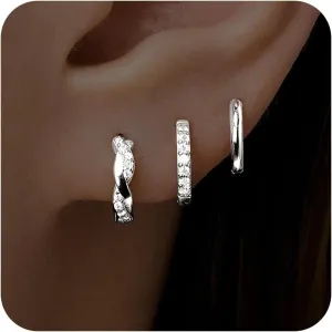 Small Sterling Silver Huggie Hoop Earrings Set for Women, Silver Earrings for Multiple Piercing Hypoallergenic Lightweight Trendy Jewelry, Dainty Cartilage Cubic Zircon Earrings for Women's Christmas Gifts