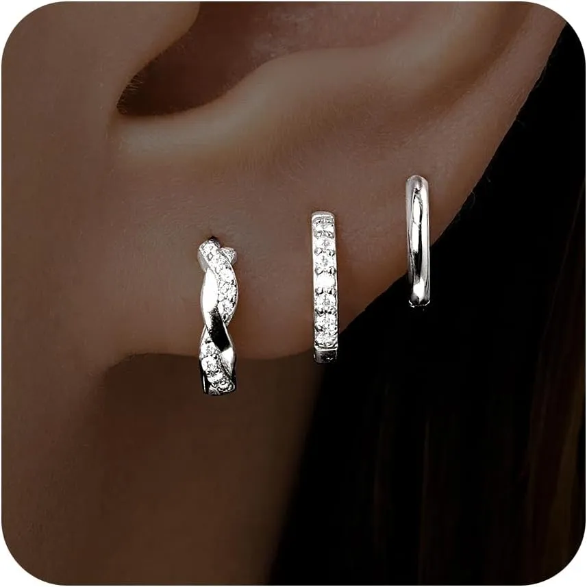 Small Sterling Silver Huggie Hoop Earrings Set for Women, Silver Earrings for Multiple Piercing Hypoallergenic Lightweight Trendy Jewelry, Dainty Cartilage Cubic Zircon Earrings for Women's Christmas Gifts