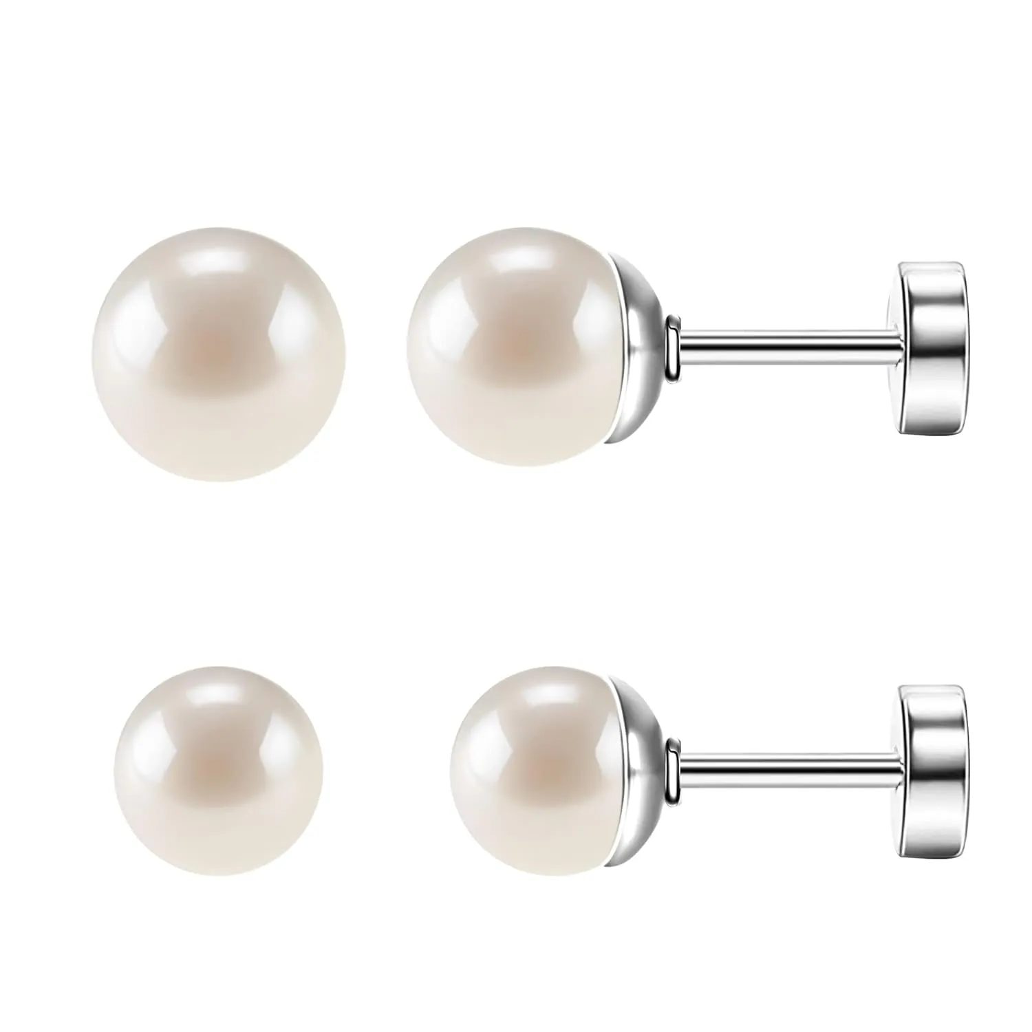 SmileBelle 2pairs Titanium Flat Back Earrings, Silver Pearl Stud Earrings for Women Screw Back Studs for Girls Cartilage Silver Nap Sleep Earrings Helix Jewelry4 6mm)