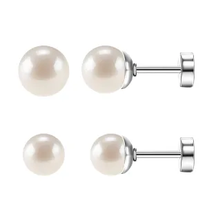 SmileBelle 2pairs Titanium Flat Back Earrings, Silver Pearl Stud Earrings for Women Screw Back Studs for Girls Cartilage Silver Nap Sleep Earrings Helix Jewelry4 6mm)