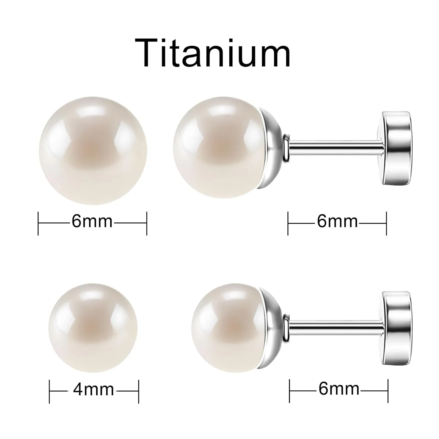 SmileBelle 2pairs Titanium Flat Back Earrings, Silver Pearl Stud Earrings for Women Screw Back Studs for Girls Cartilage Silver Nap Sleep Earrings Helix Jewelry4 6mm)