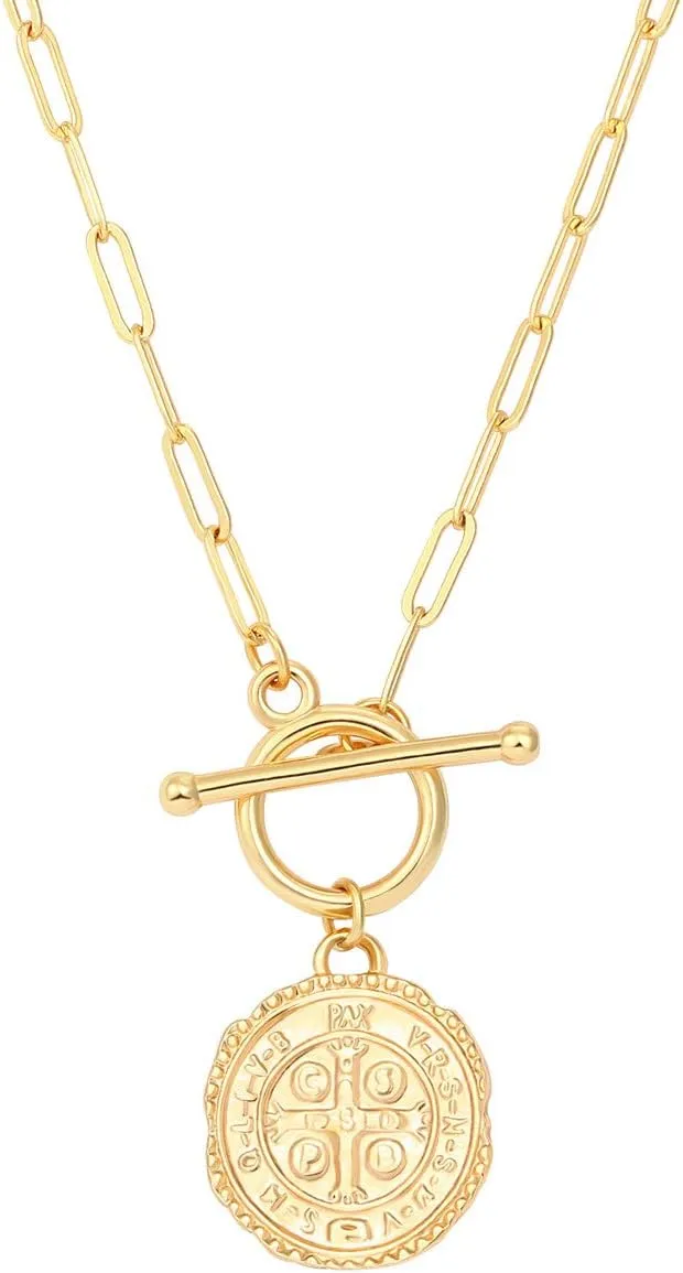 SOFYBJA Saint Benedict Necklace Drop 18K Gold Toggle Medallion Coin Cross Pendant Necklaces Religious Jewelry Catholic Gift for Women