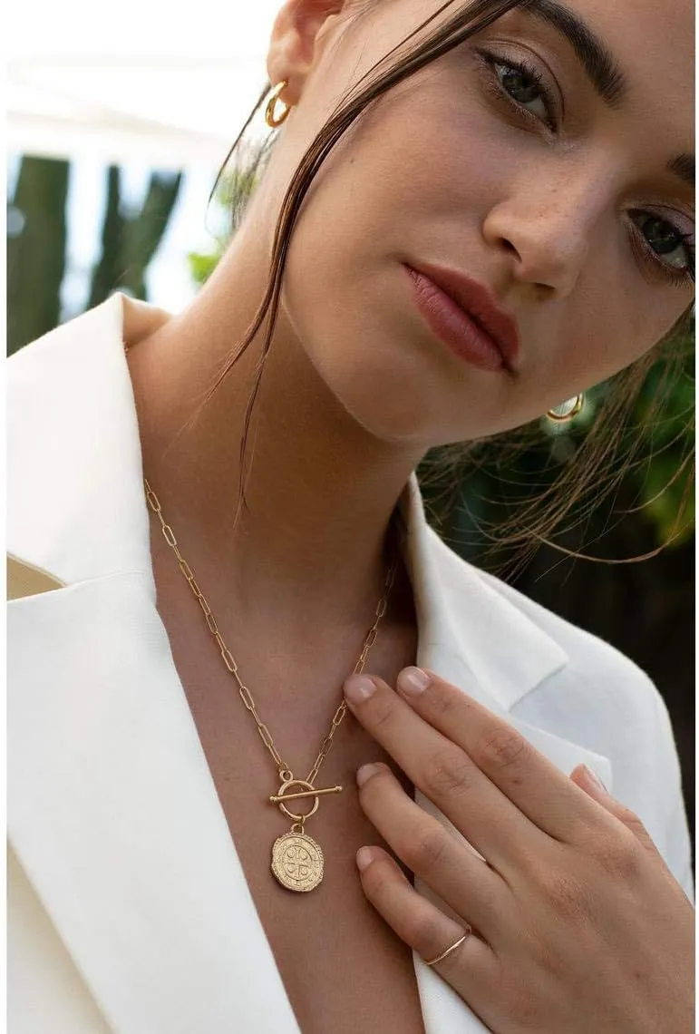 SOFYBJA Saint Benedict Necklace Drop 18K Gold Toggle Medallion Coin Cross Pendant Necklaces Religious Jewelry Catholic Gift for Women