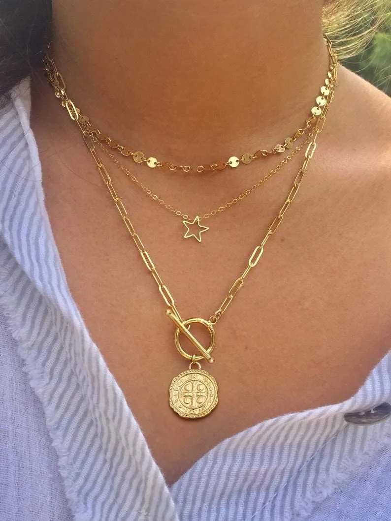SOFYBJA Saint Benedict Necklace Drop 18K Gold Toggle Medallion Coin Cross Pendant Necklaces Religious Jewelry Catholic Gift for Women