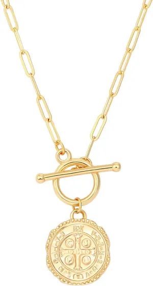 SOFYBJA Saint Benedict Necklace Drop 18K Gold Toggle Medallion Coin Cross Pendant Necklaces Religious Jewelry Catholic Gift for Women