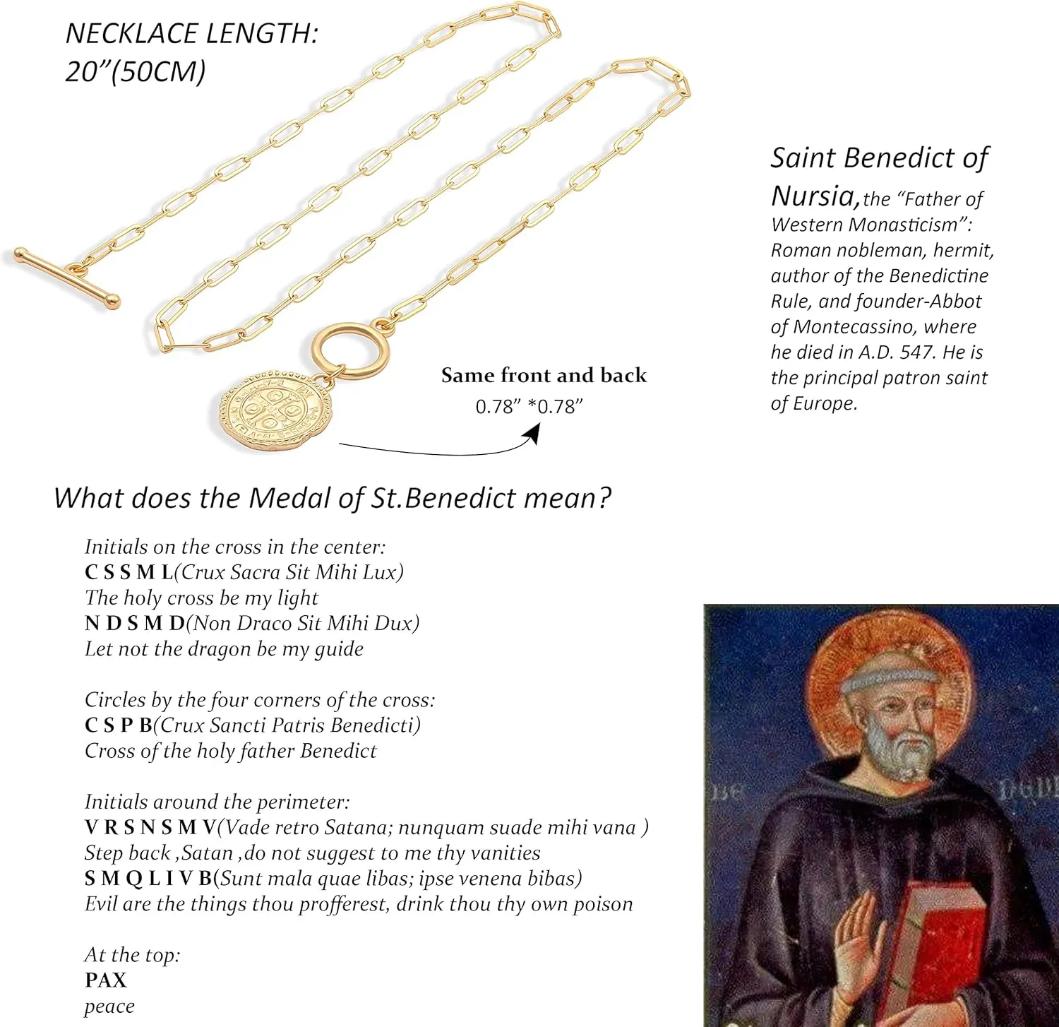 SOFYBJA Saint Benedict Necklace Drop 18K Gold Toggle Medallion Coin Cross Pendant Necklaces Religious Jewelry Catholic Gift for Women