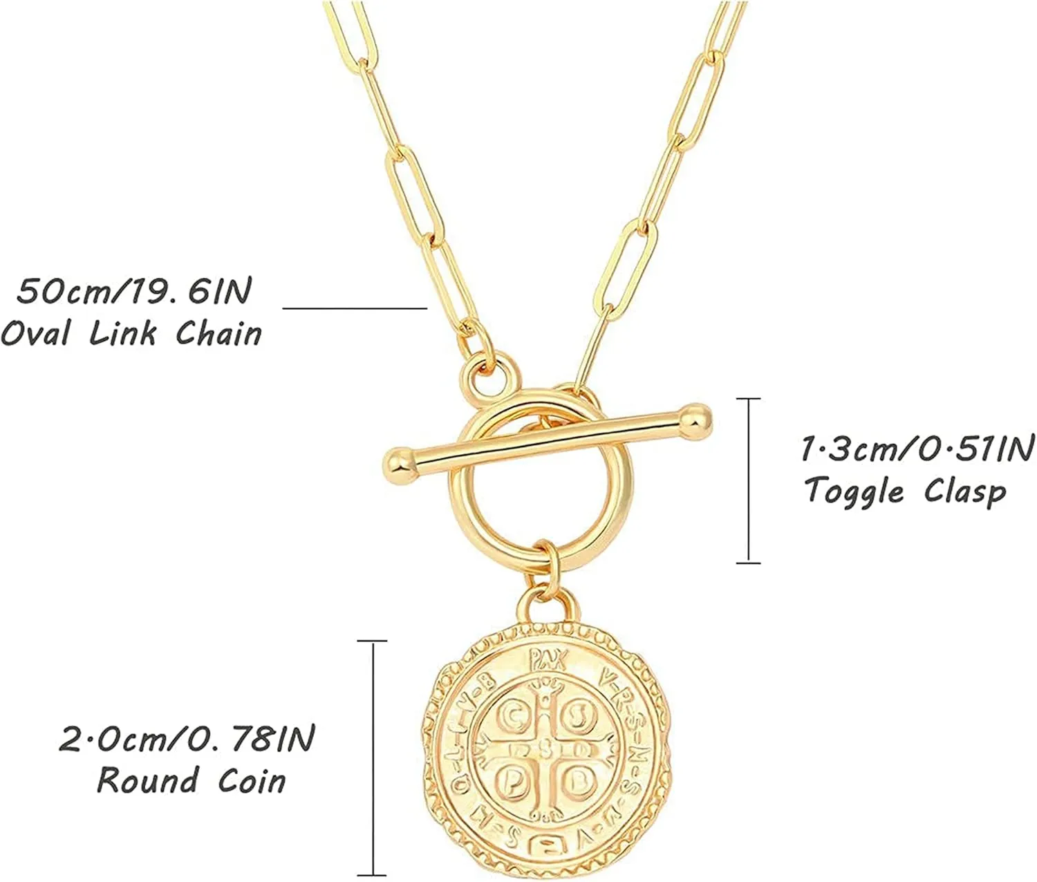 SOFYBJA Saint Benedict Necklace Drop 18K Gold Toggle Medallion Coin Cross Pendant Necklaces Religious Jewelry Catholic Gift for Women