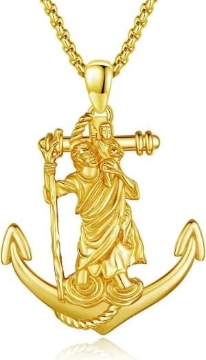 St Christopher Necklace for Men 925 Sterling Silver Gold St. Christopher Necklace Mens Anchor Saint Christopher Pendant Necklace Protection Jewelry Religious Chain 22 2 Inch
