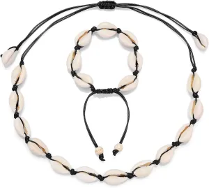 Starain 2Pcs Shell Necklace Anklet for Women Handmade Adjustable Puka Beach Shell Necklace Set