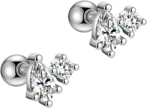 Stella Swirl 14K Gold Plated Two Stones Cluster Barbell Cartilage Piercing Earrings Pear Shape Fancy Cut Second Earlobe Hypoallergenic 925 Sterling Silver Earring Studs With Screw On Backings