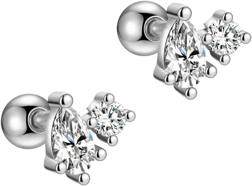 Stella Swirl 14K Gold Plated Two Stones Cluster Barbell Cartilage Piercing Earrings Pear Shape Fancy Cut Second Earlobe Hypoallergenic 925 Sterling Silver Earring Studs With Screw On Backings