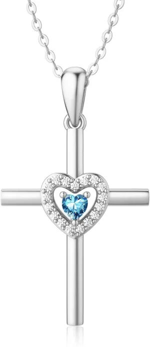 Sterling Silver Cross Necklace for Women Heart Birthstone Necklaces Religious Jewelry Birthday Gifts for Mom Teen Girls, 18 2 Inches
