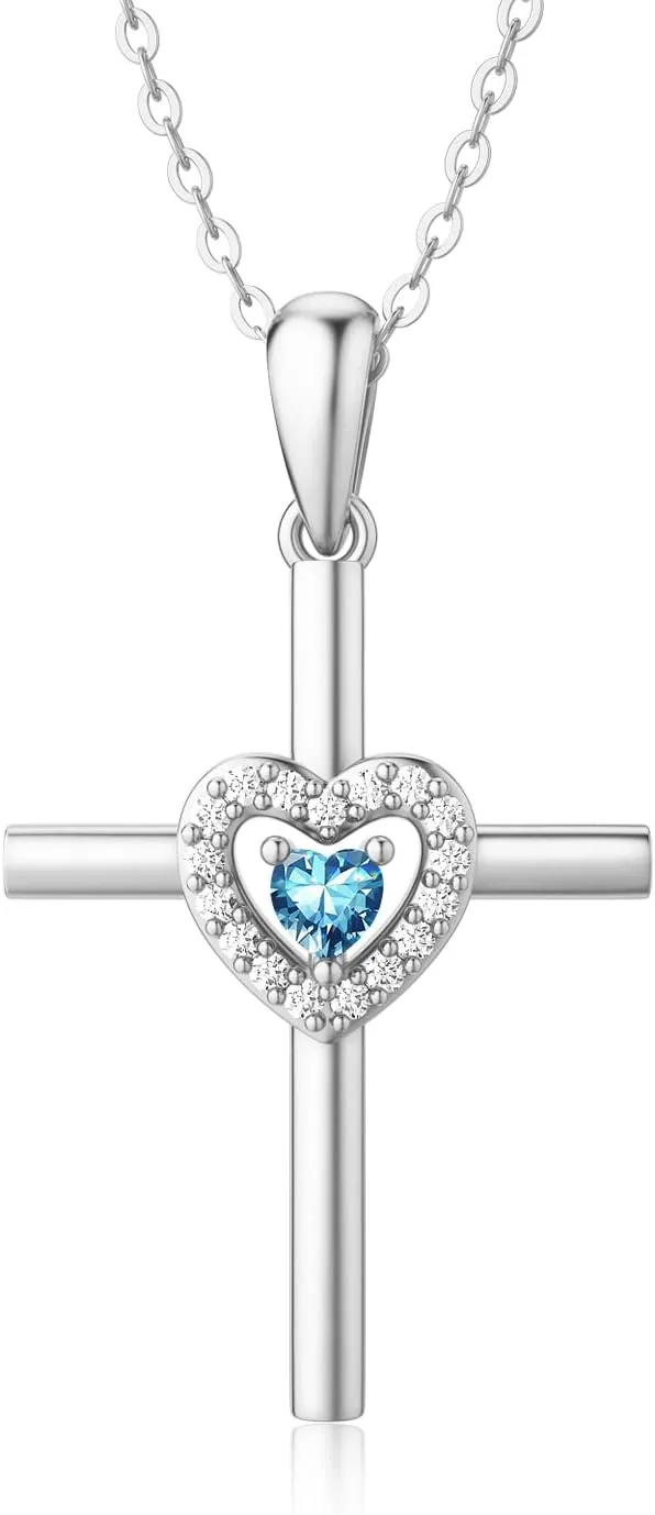 Sterling Silver Cross Necklace for Women Heart Birthstone Necklaces Religious Jewelry Birthday Gifts for Mom Teen Girls, 18 2 Inches