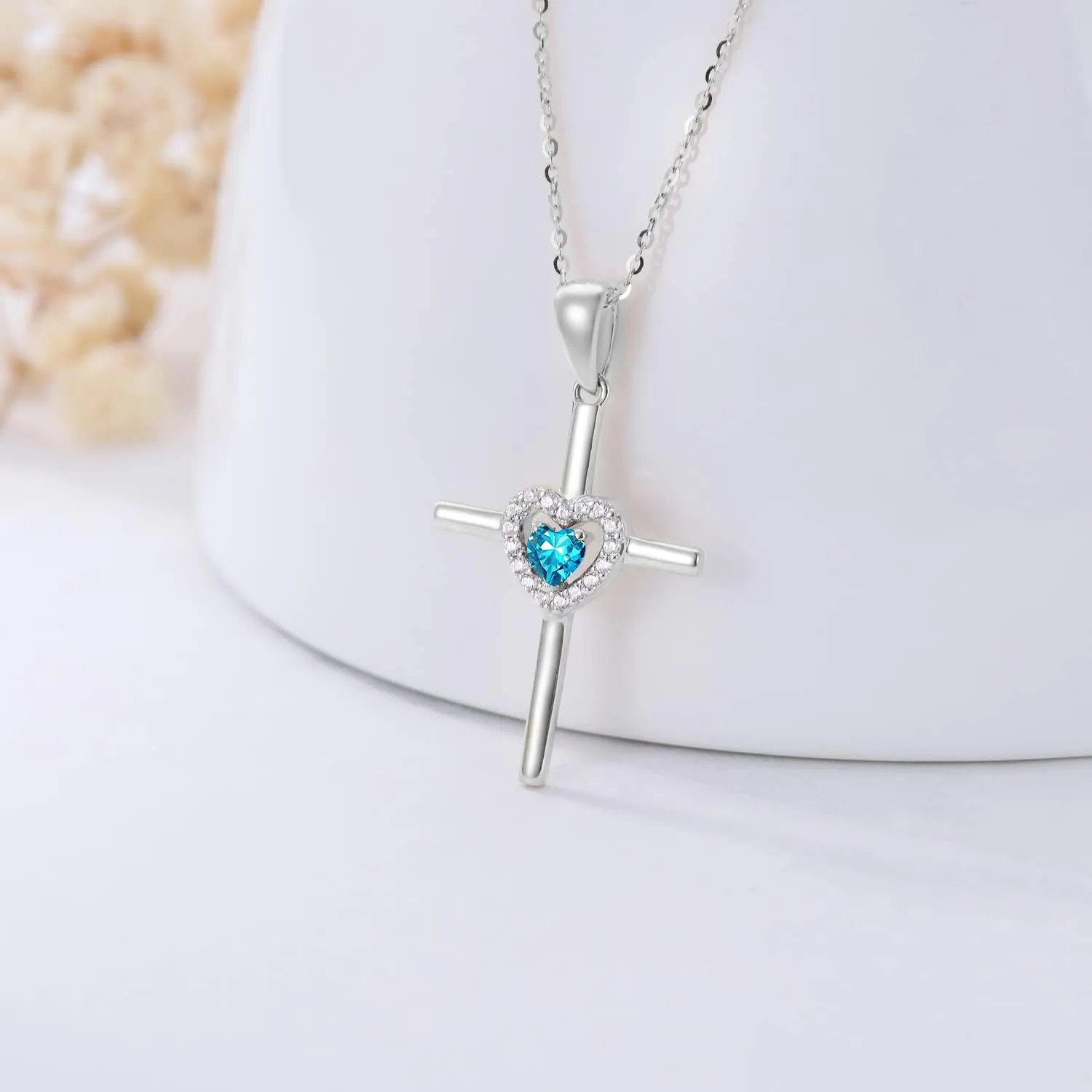 Sterling Silver Cross Necklace for Women Heart Birthstone Necklaces Religious Jewelry Birthday Gifts for Mom Teen Girls, 18 2 Inches