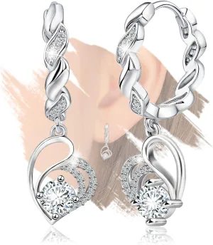 Sterling Silver Heart Hoop Earrings with Dangle for Women Hypoallergenic Cubic Zirconia Lightweight Classic Love Heart-Shaped Loop Earrings with Dangling Fashion Gifts for Mom Wife