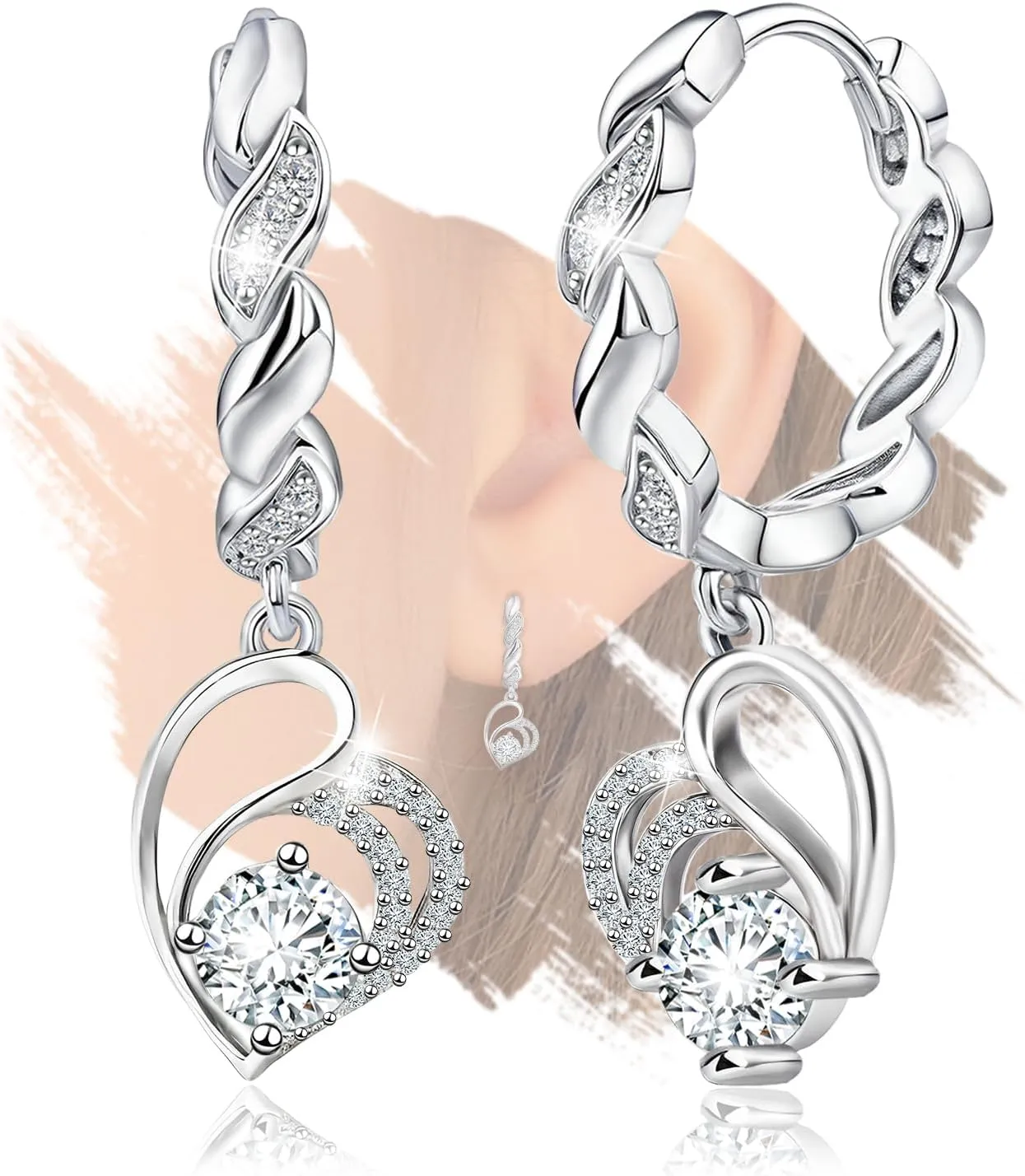 Sterling Silver Heart Hoop Earrings with Dangle for Women Hypoallergenic Cubic Zirconia Lightweight Classic Love Heart-Shaped Loop Earrings with Dangling Fashion Gifts for Mom Wife