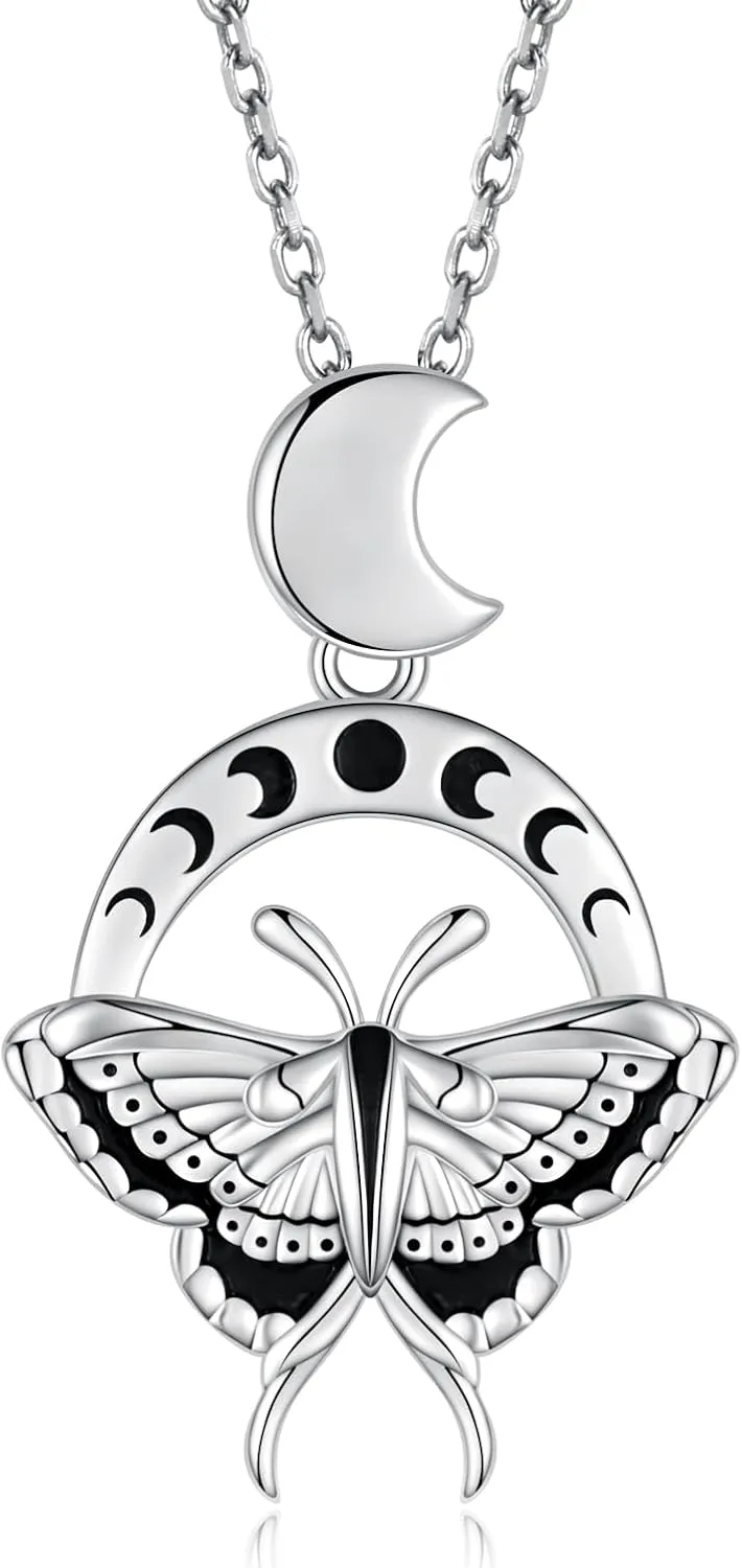 Sterling Silver Luna Moth Necklace: Crescent Moon Phase Gothic Pendant Necklaces Jewelry Gifts for Women