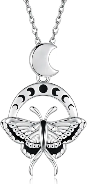 Sterling Silver Luna Moth Necklace: Crescent Moon Phase Gothic Pendant Necklaces Jewelry Gifts for Women