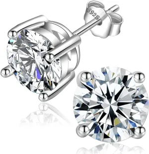 Sterling Silver Moissanite Stud Earrings - D Color VVS1 Brilliant Round Cut Lab Grown - S925 Friction-Back With Authenticity Certificate 1Ct 2Ct 3Ct