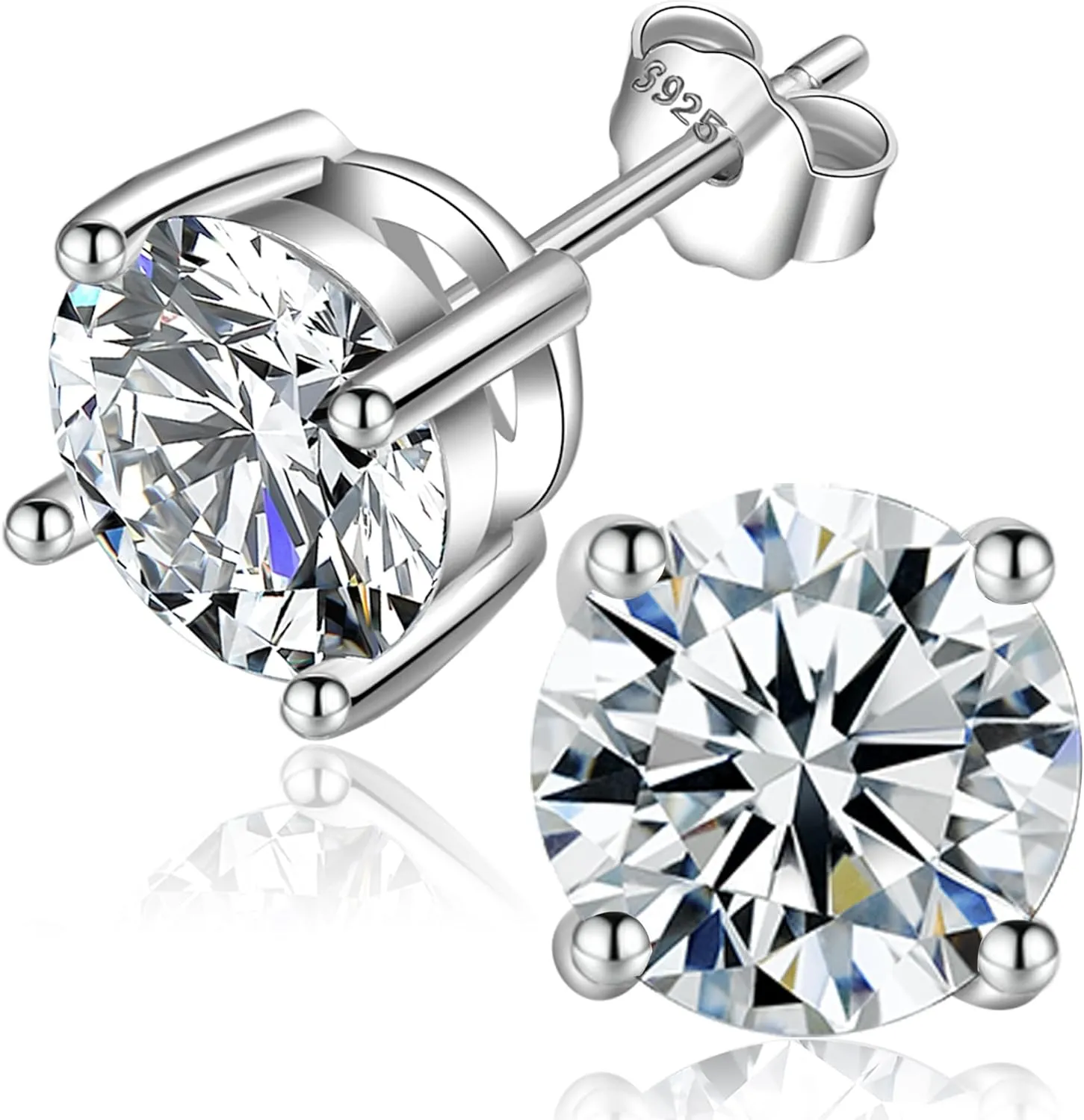 Sterling Silver Moissanite Stud Earrings - D Color VVS1 Brilliant Round Cut Lab Grown - S925 Friction-Back With Authenticity Certificate 1Ct 2Ct 3Ct