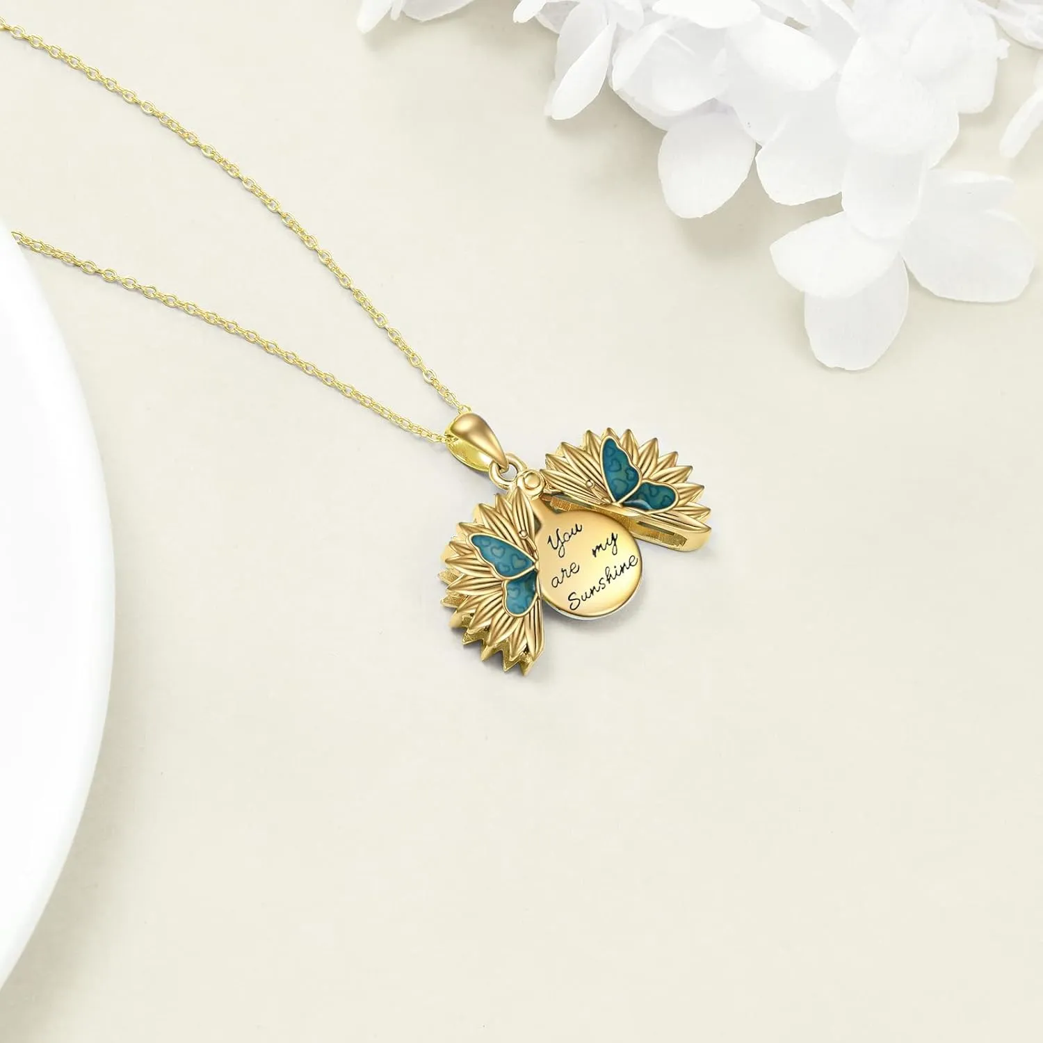 Sterling Silver Sunflower Locket Necklace You Are My Sunshine Engraved Pendant Necklaces Anniversary Jewelry for Her