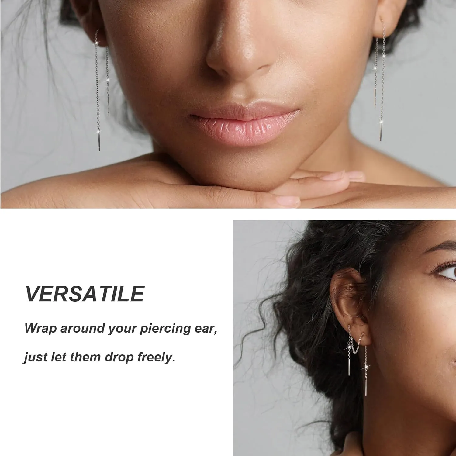 Sterling Silver Threader Chain Earrings Dangle Gold Plated,Hypoallergenic and Lightweight Dainty Earrings 2 Pairs