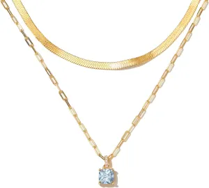 STORYJEWELLERY Birthstone Necklace for Women, Gold Layered Necklaces for Women, 18K Gold Plated Layering Pendant Snake Herringbone Paperclip Chain Necklace Choker Jewelry Gift for Women(P 03)