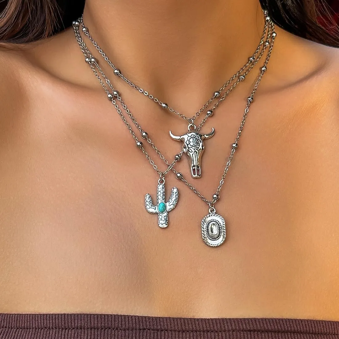 SUNNYOUTH Cowboy Cowgirl Hat Boot Pendant Necklace for Women Western Charm Necklace Layered Leather Boho Choker Necklaces