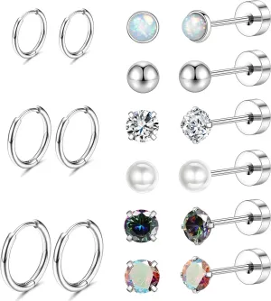 Surgical Stainless Steel Earrings for Women Men, Hypoallergenic Flat Back Stainless Steel Stud Earrings for Sensitive Ears, Silver Cartilage Hoop Earring Sets for Multiple Piercing Dainty Earring Stacks for Jewelry Gifts