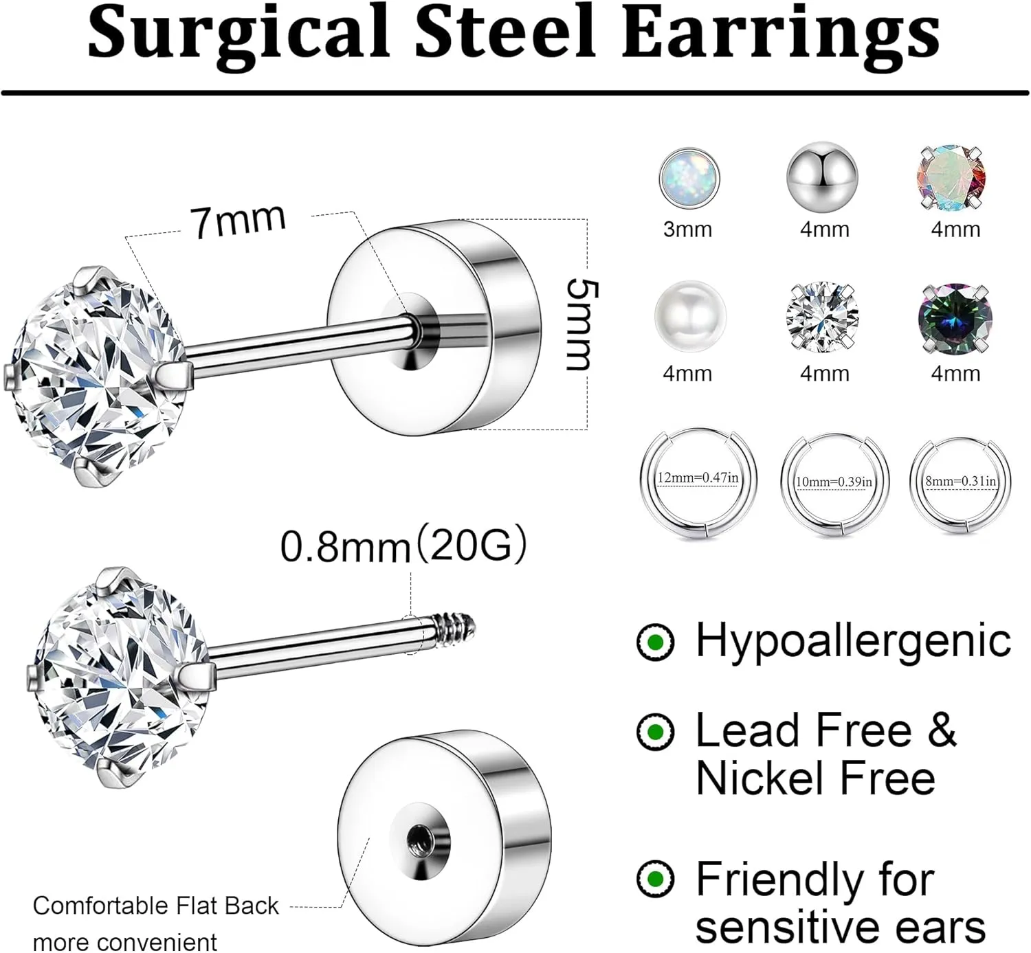Surgical Stainless Steel Earrings for Women Men, Hypoallergenic Flat Back Stainless Steel Stud Earrings for Sensitive Ears, Silver Cartilage Hoop Earring Sets for Multiple Piercing Dainty Earring Stacks for Jewelry Gifts