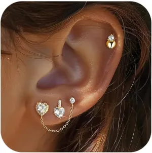 SUYACS 1Pc 14K Gold Plated Heart Chain Earrings Set for Women Cute 4 Piercing Stackable Cubic Zirconia Stud Earring Dainty Hypoallergenic Cartilage Earring Wedding Jewelry Gifts for Her