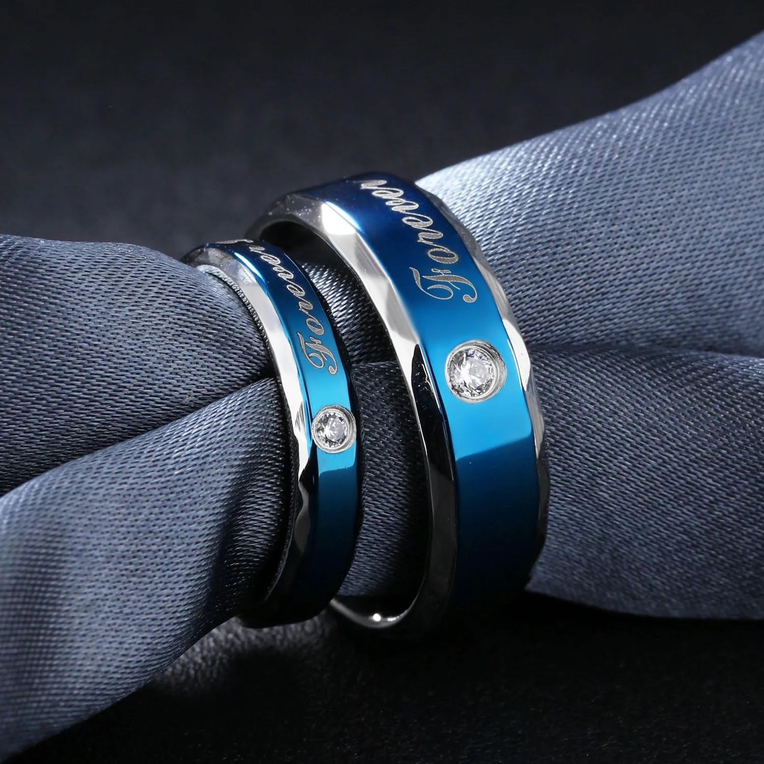 TEMICO Stainless Steel Blue Forever Love Cubic Zirconia Couples Promise Ring Romantic Couples Gift