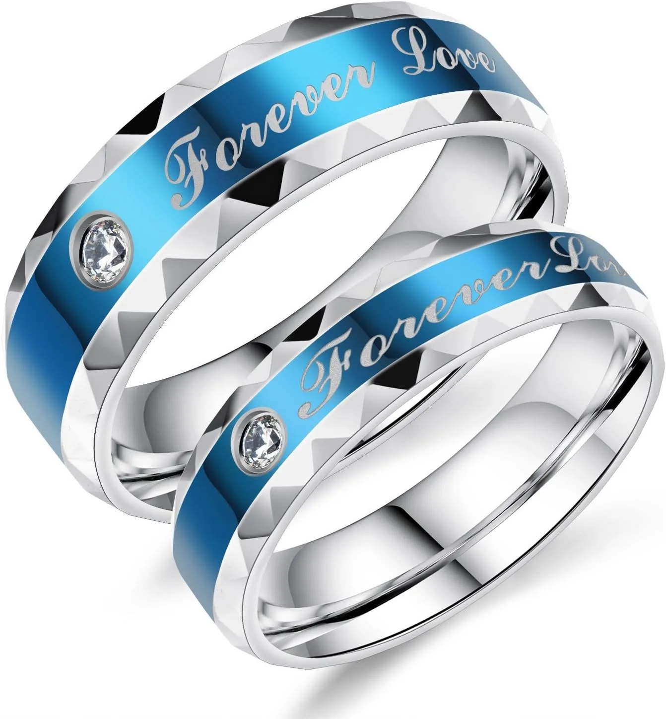 TEMICO Stainless Steel Blue Forever Love Cubic Zirconia Couples Promise Ring Romantic Couples Gift