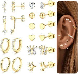THUNARAZ Sterling Silver Earrings for Women Hypoallergenic Earrings for Multiple Piercing Dainty 14K Gold Plated Stud Hoop Earring Sets Small Silver Earring Stacks Piercing Jewelry