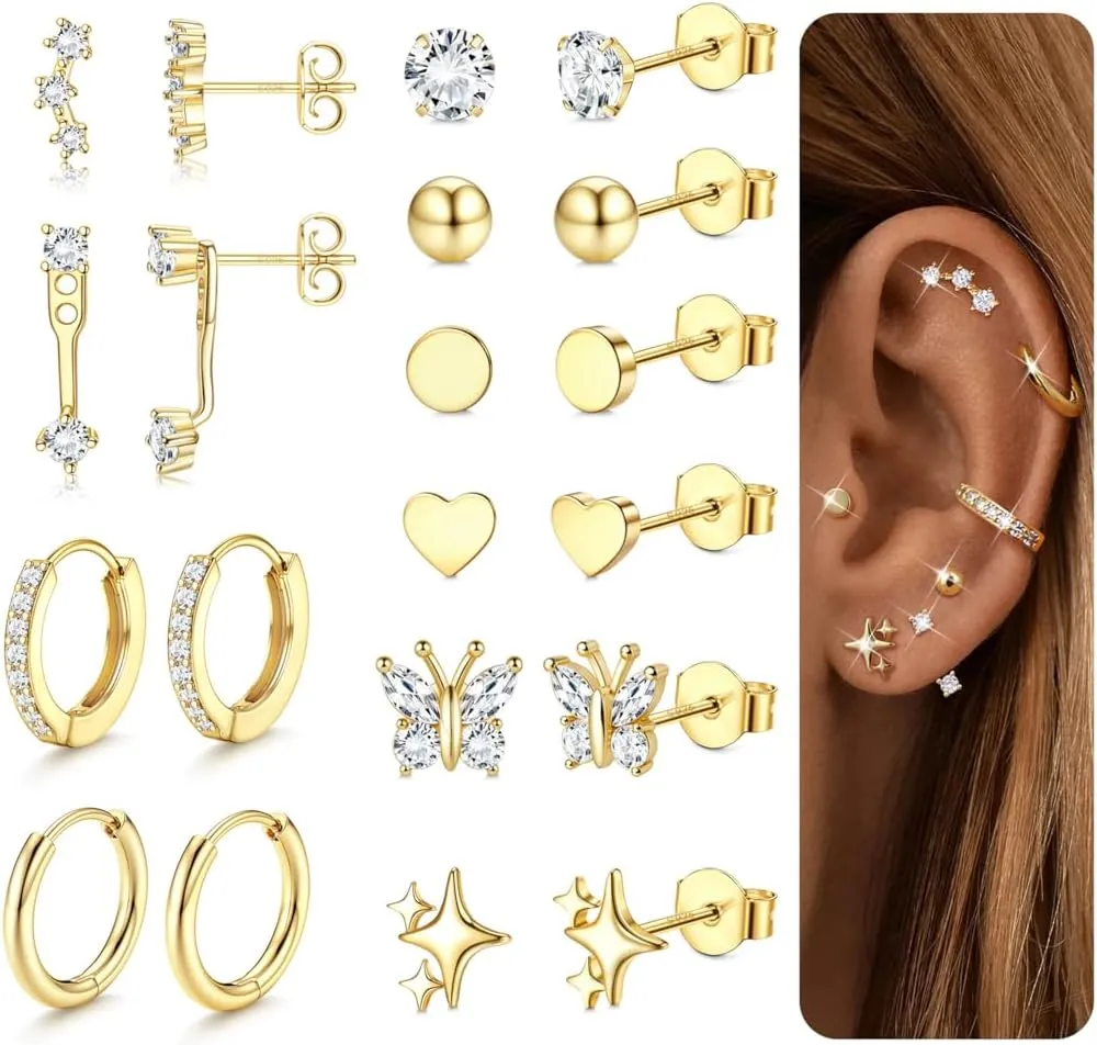 THUNARAZ Sterling Silver Earrings for Women Hypoallergenic Earrings for Multiple Piercing Dainty 14K Gold Plated Stud Hoop Earring Sets Small Silver Earring Stacks Piercing Jewelry