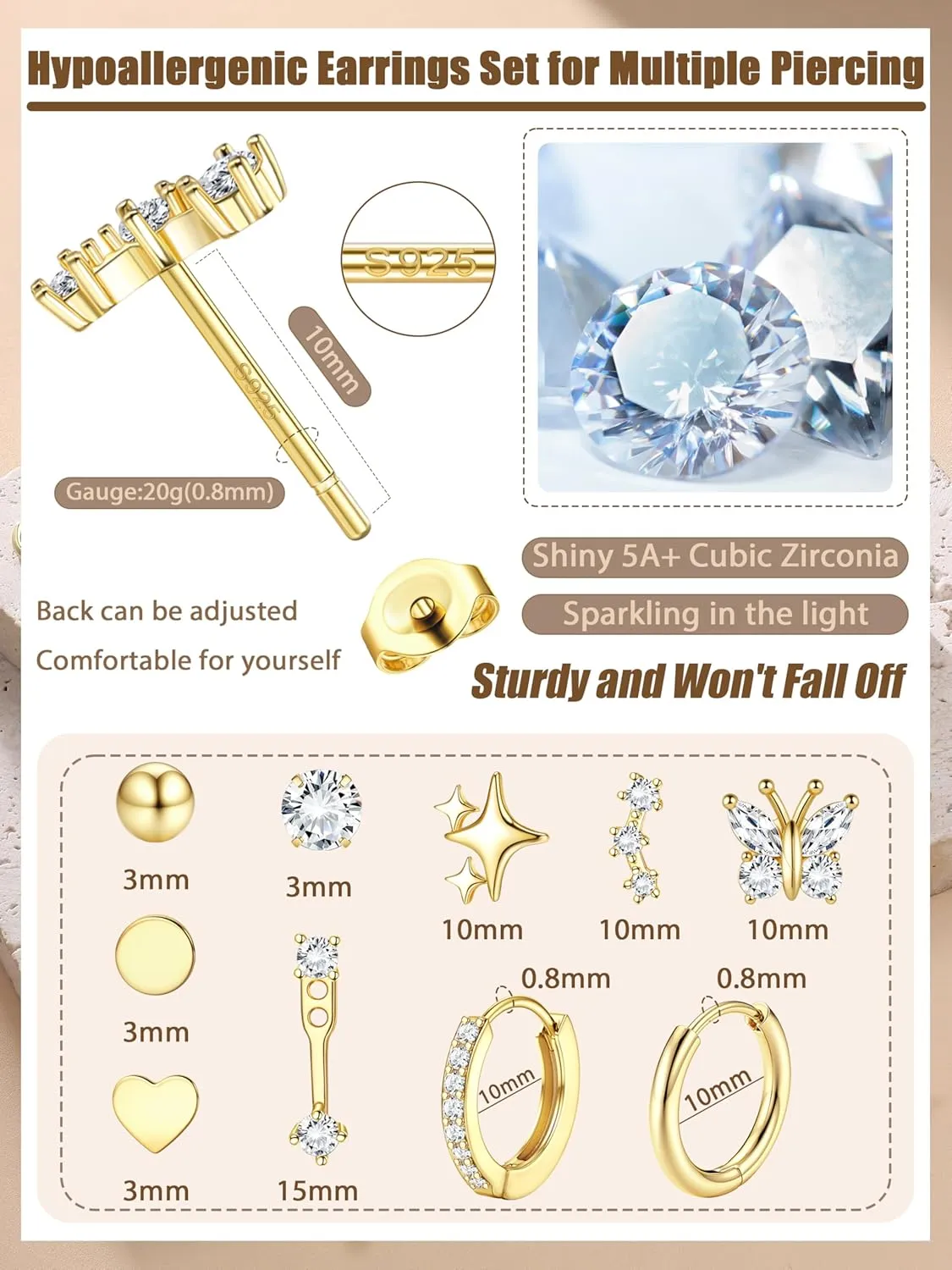 THUNARAZ Sterling Silver Earrings for Women Hypoallergenic Earrings for Multiple Piercing Dainty 14K Gold Plated Stud Hoop Earring Sets Small Silver Earring Stacks Piercing Jewelry